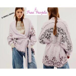 Free People Lavender Cable Mix Cardi Wrap Tie Fuzzy Cuff Sleeves Slouchy